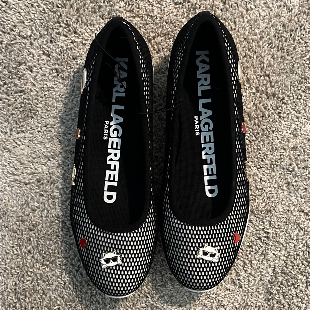Karl Lagerfeld Black & White Dot Mesh Flats with Red Heart Detailss